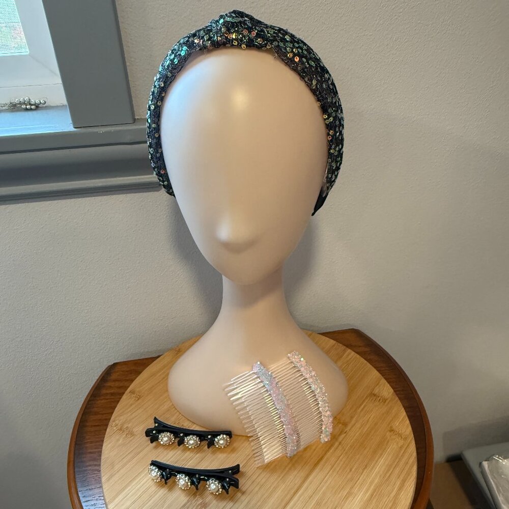 Bundle of Hair Bling Sequined Headband 2 Sparkly Combs 2 Faux Pearl Hair Clips